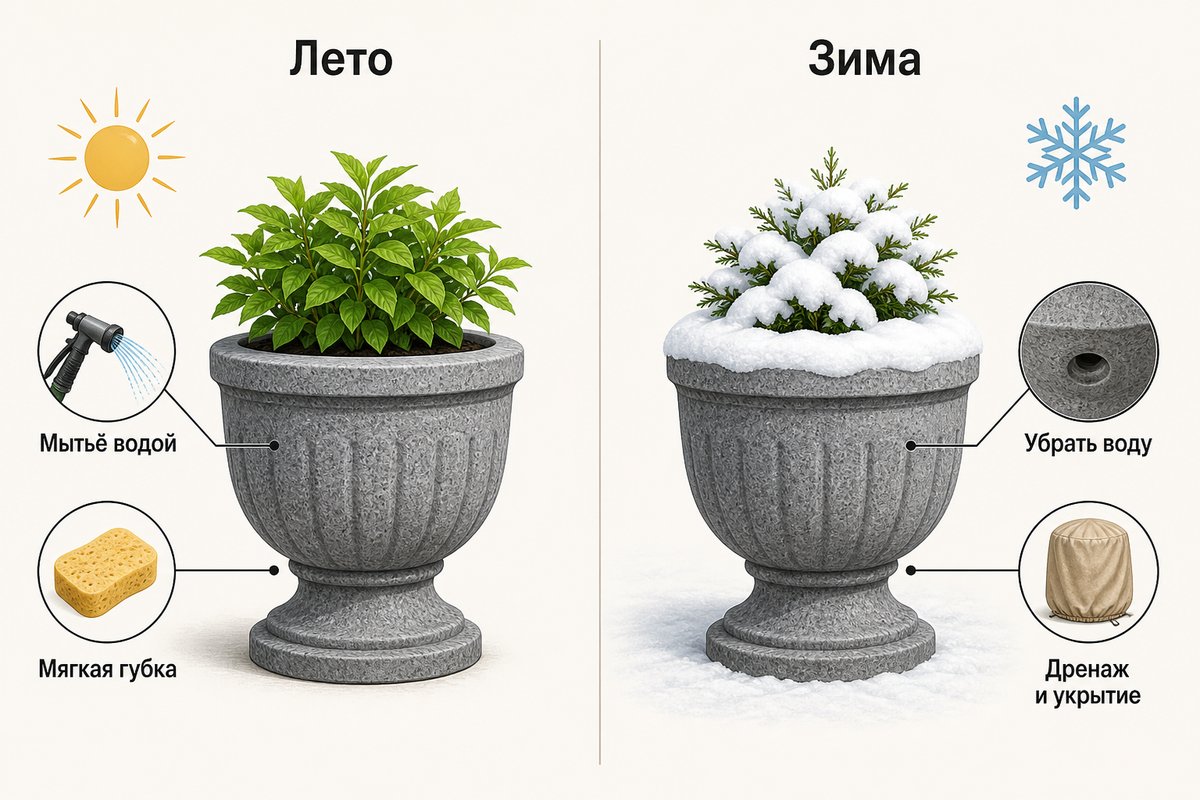 Инфографика сезонного ухода за гранитным вазоном: летом — мытьё водой и мягкая губка, зимой — убрать воду, дренаж и укрытие