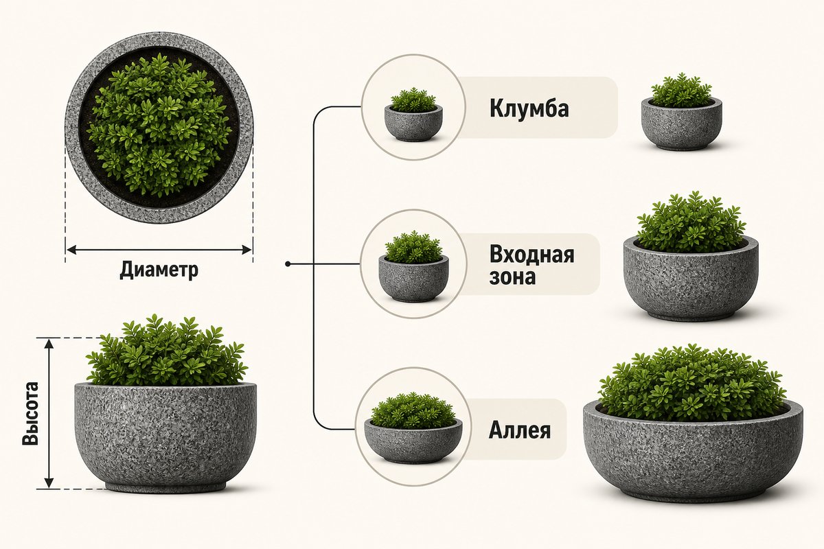 Схема выбора размера круглого гранитного вазона: диаметр и высота, какой размер подходит для клумбы, входной зоны и аллеи