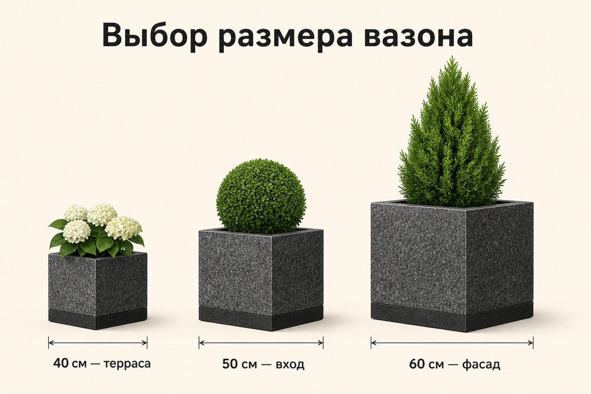 Схема выбора размера квадратного гранитного вазона: 40 см для террасы, 50 см для входа, 60 см для фасада